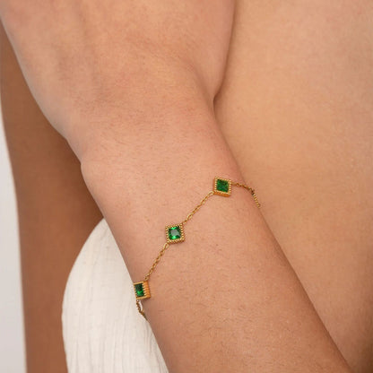 18K Gold PVD Stainless Steel Emerald Stone Station Bracelet