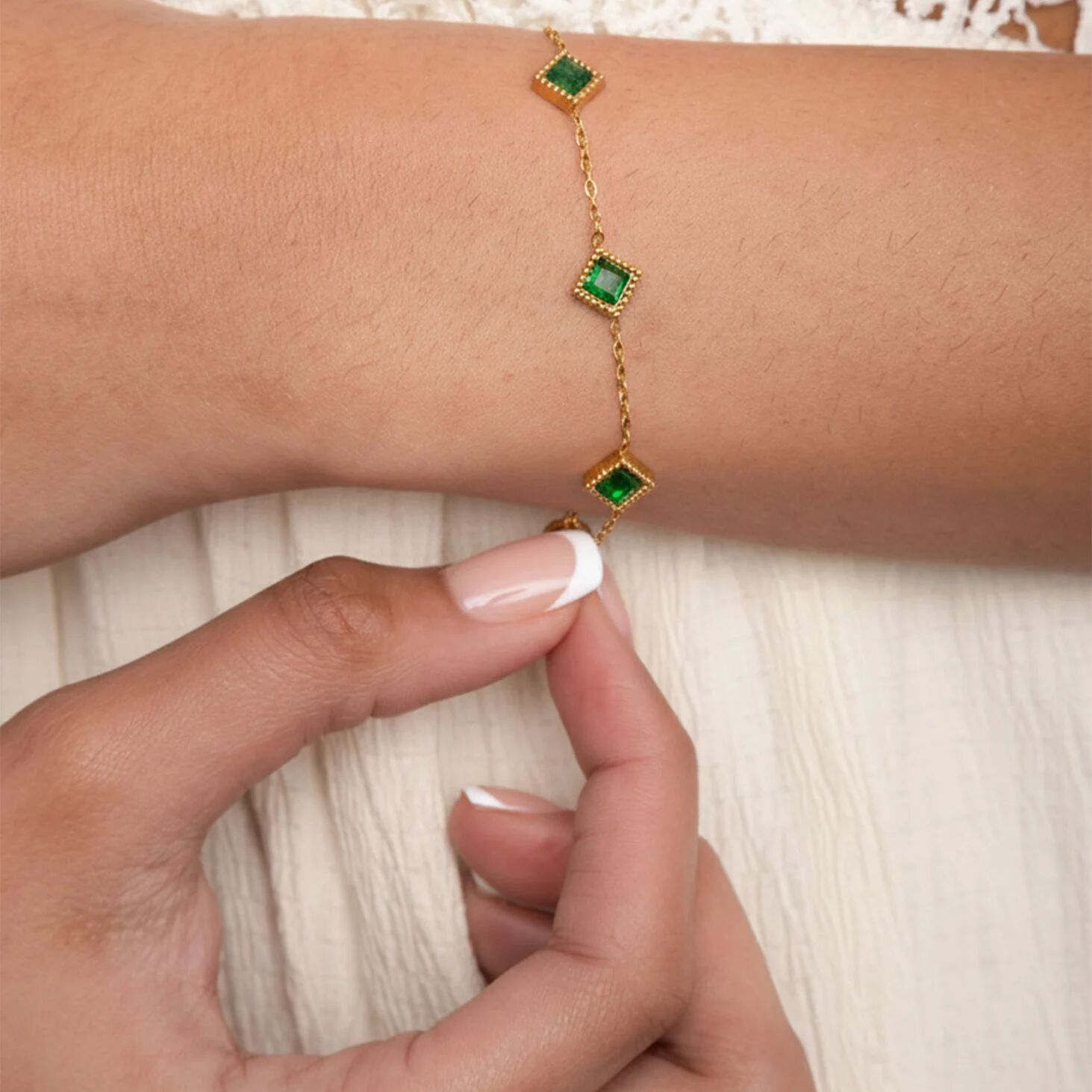 18K Gold PVD Stainless Steel Emerald Stone Station Bracelet