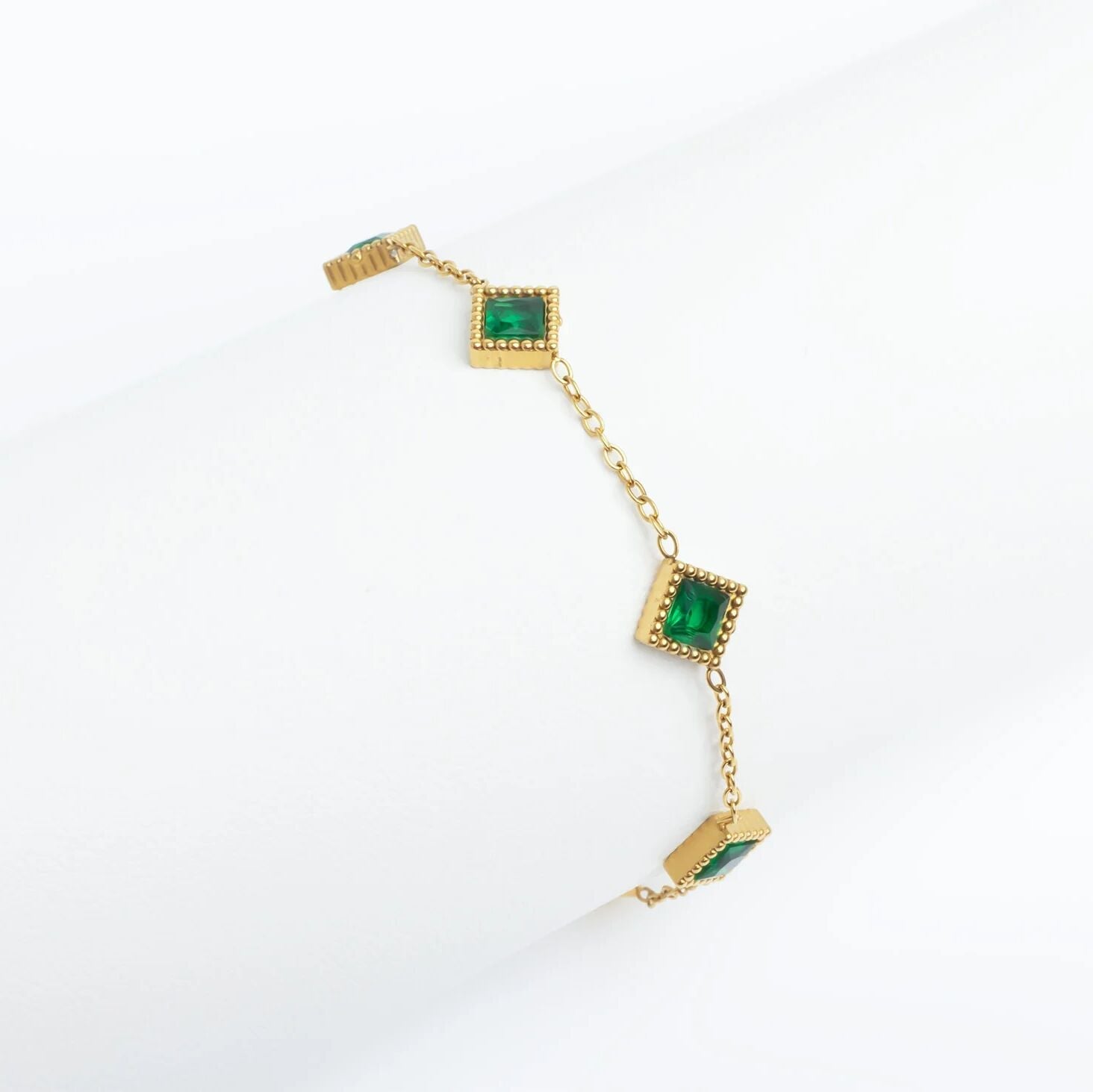18K Gold PVD Stainless Steel Emerald Stone Station Bracelet