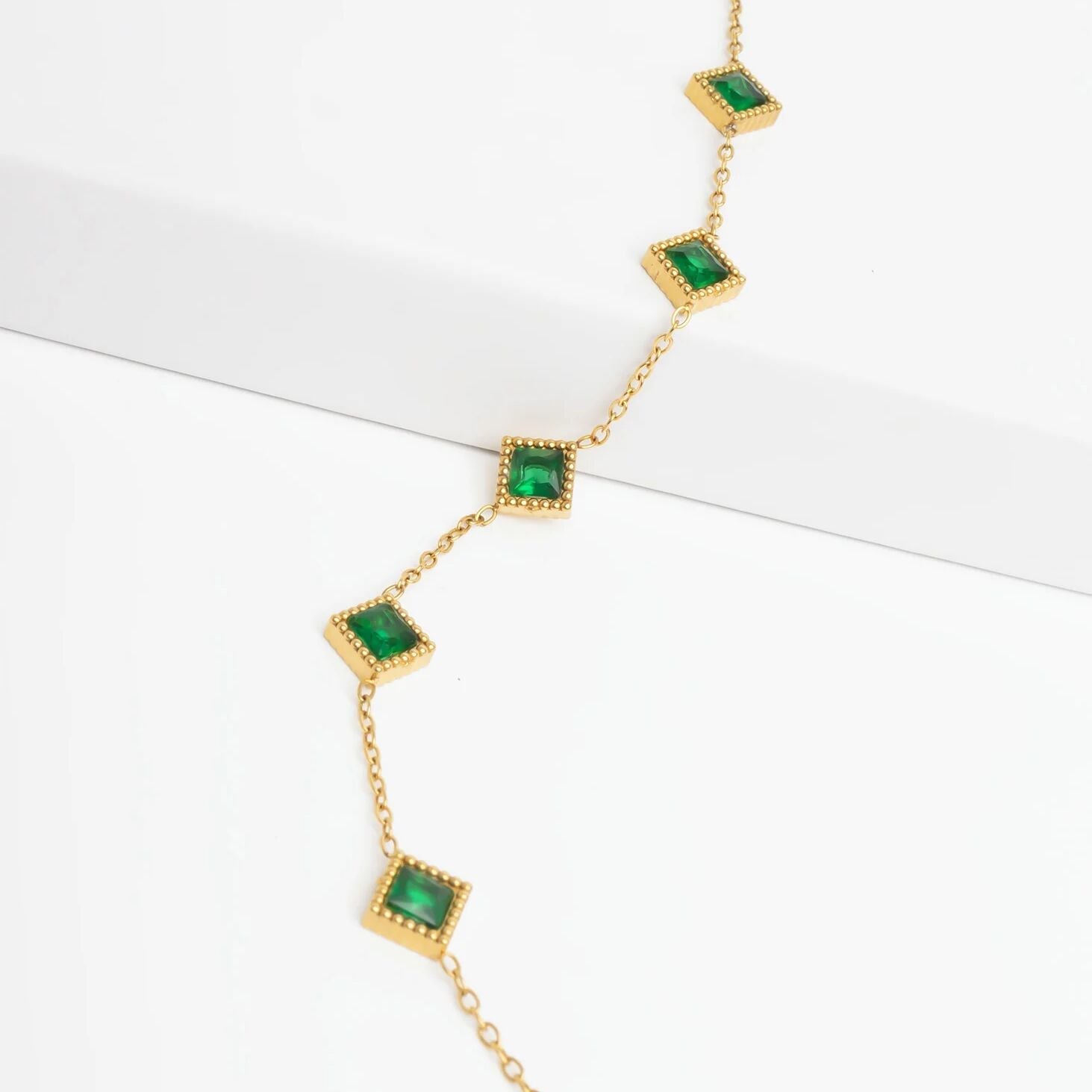 18K Gold PVD Stainless Steel Emerald Stone Station Bracelet