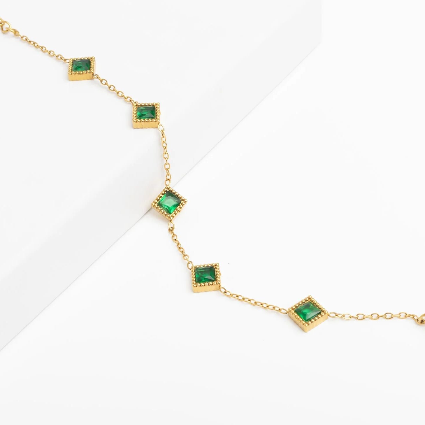 18K Gold PVD Stainless Steel Emerald Stone Station Bracelet