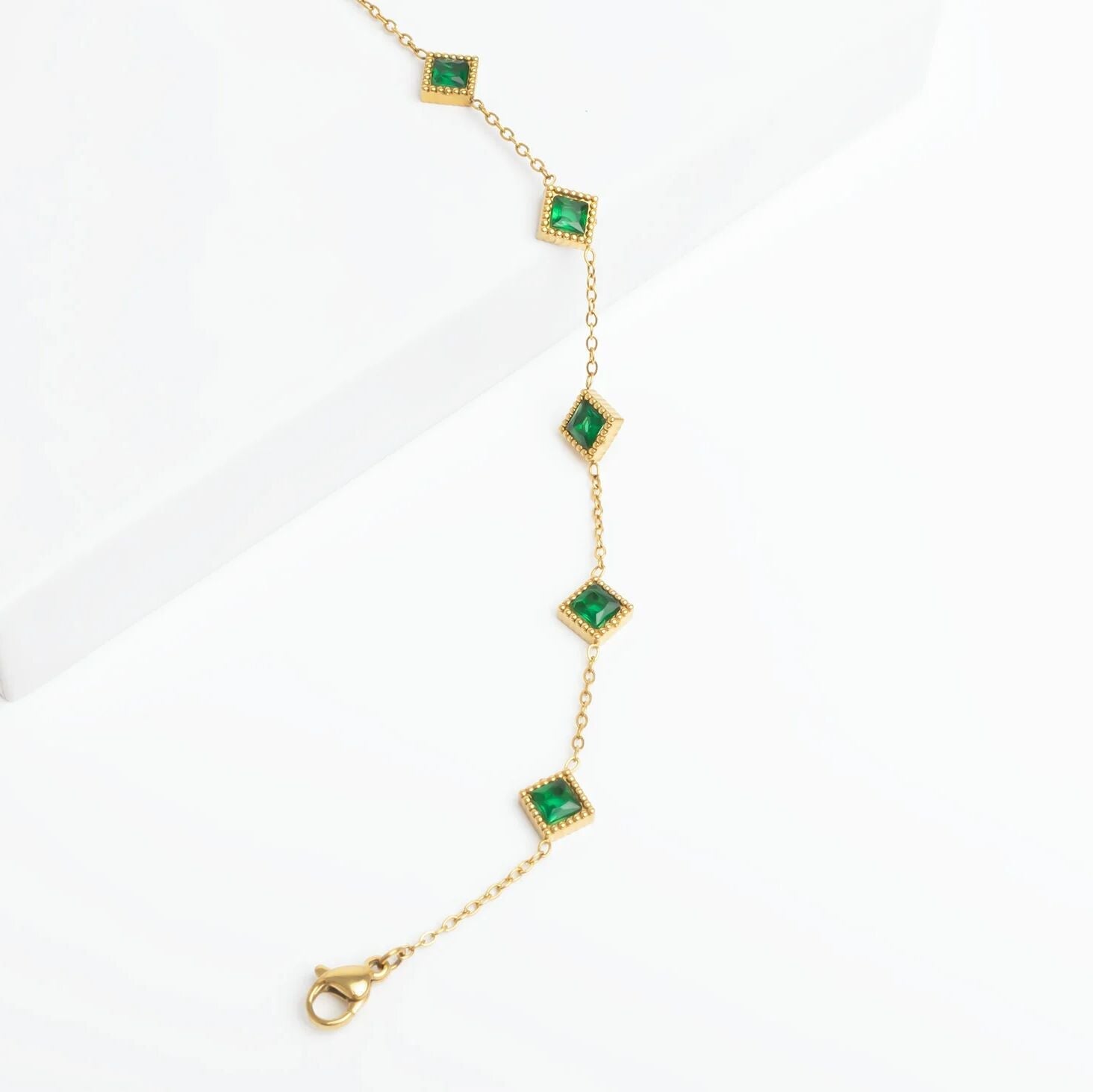 18K Gold PVD Stainless Steel Emerald Stone Station Bracelet
