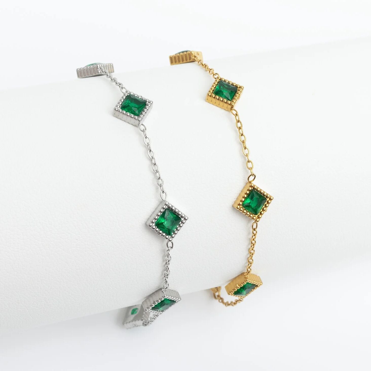 18K Gold PVD Stainless Steel Emerald Stone Station Bracelet