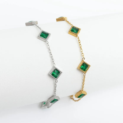 18K Gold PVD Stainless Steel Emerald Stone Station Bracelet
