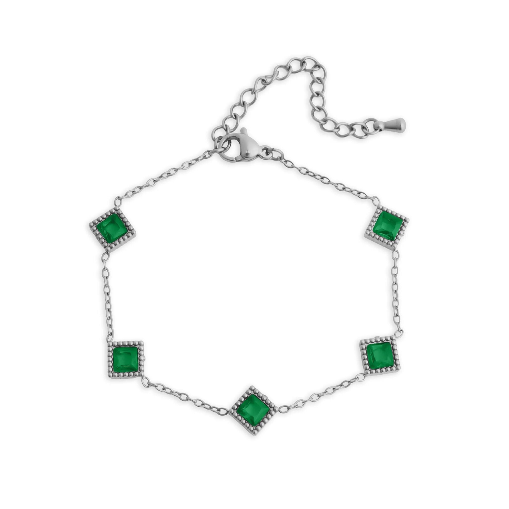 18K Gold PVD Stainless Steel Emerald Stone Station Bracelet