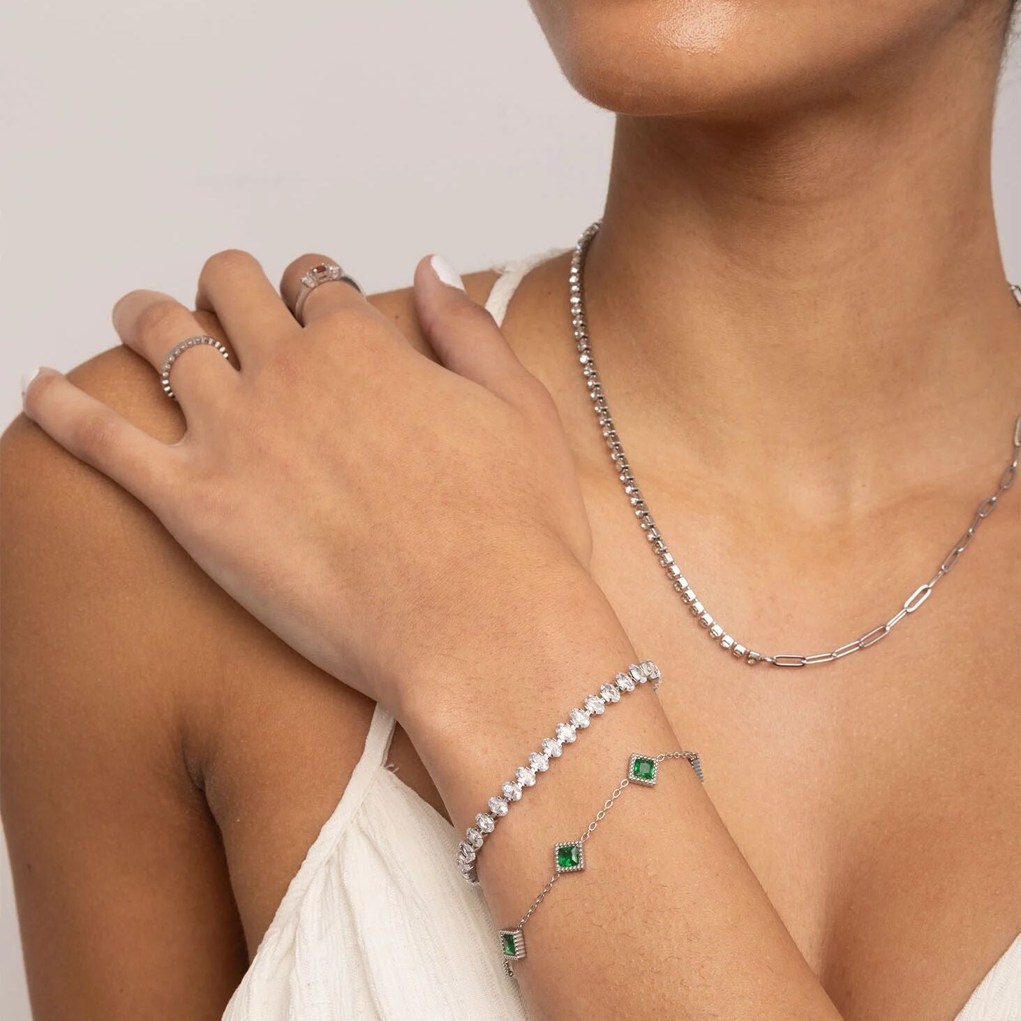 18K Gold PVD Stainless Steel Emerald Stone Station Bracelet