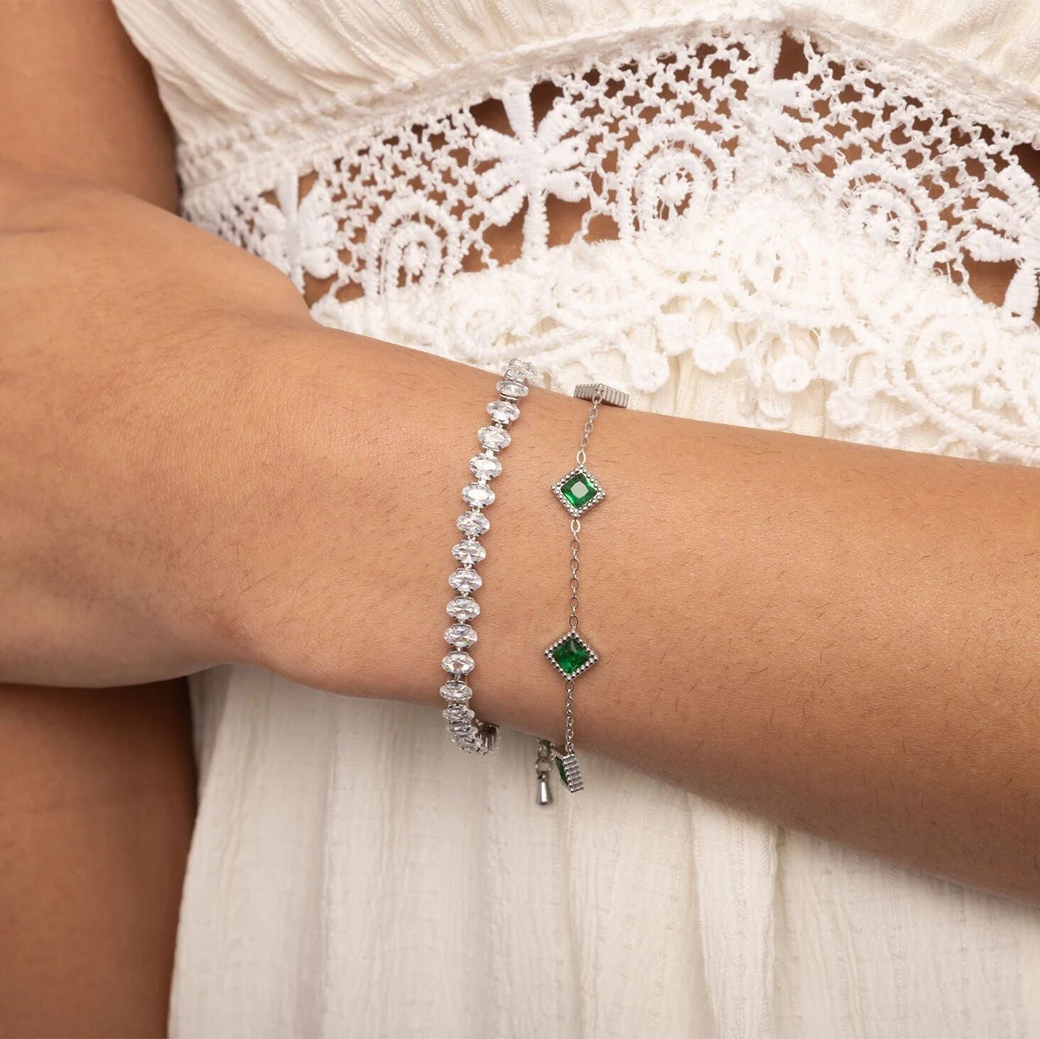 18K Gold PVD Stainless Steel Emerald Stone Station Bracelet