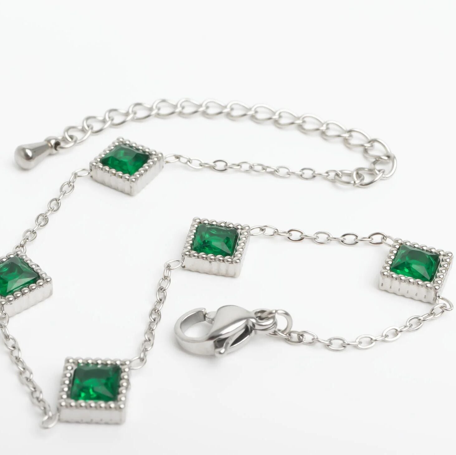 18K Gold PVD Stainless Steel Emerald Stone Station Bracelet