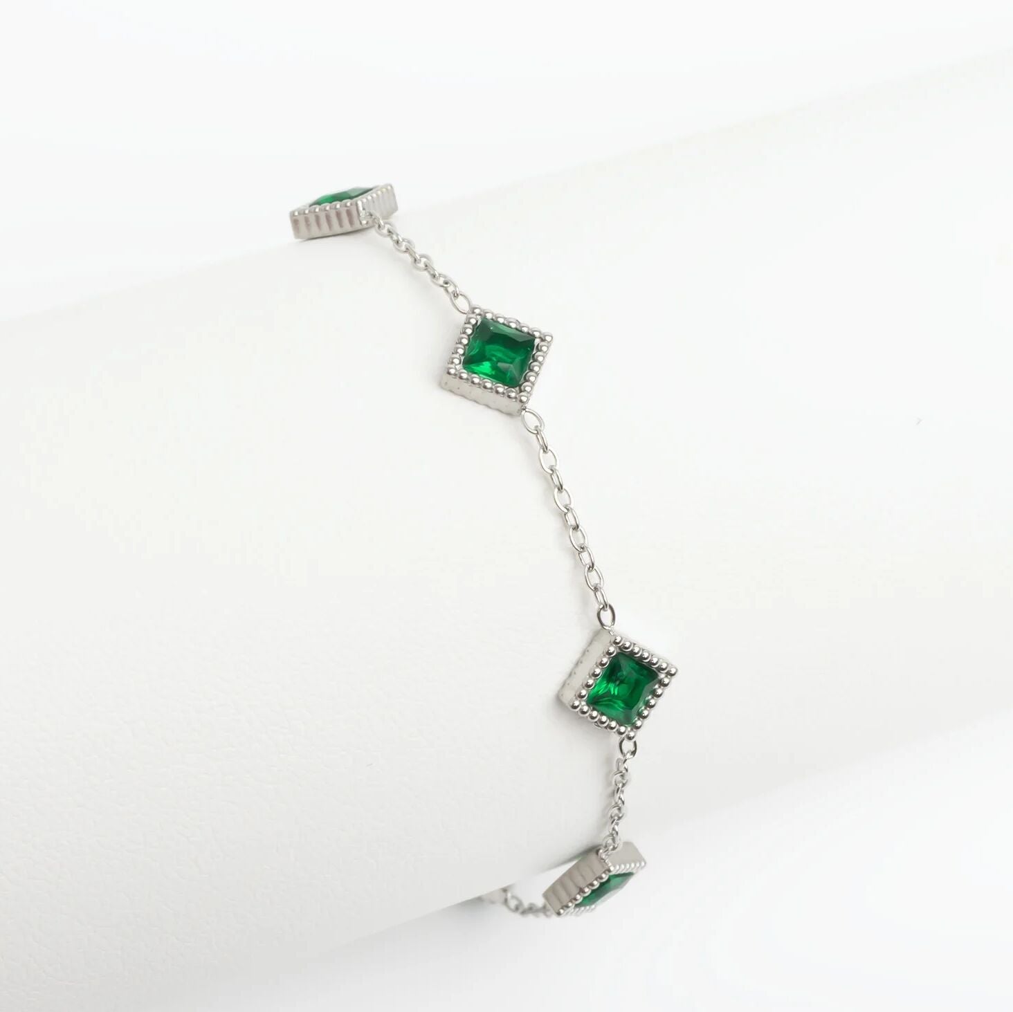 18K Gold PVD Stainless Steel Emerald Stone Station Bracelet