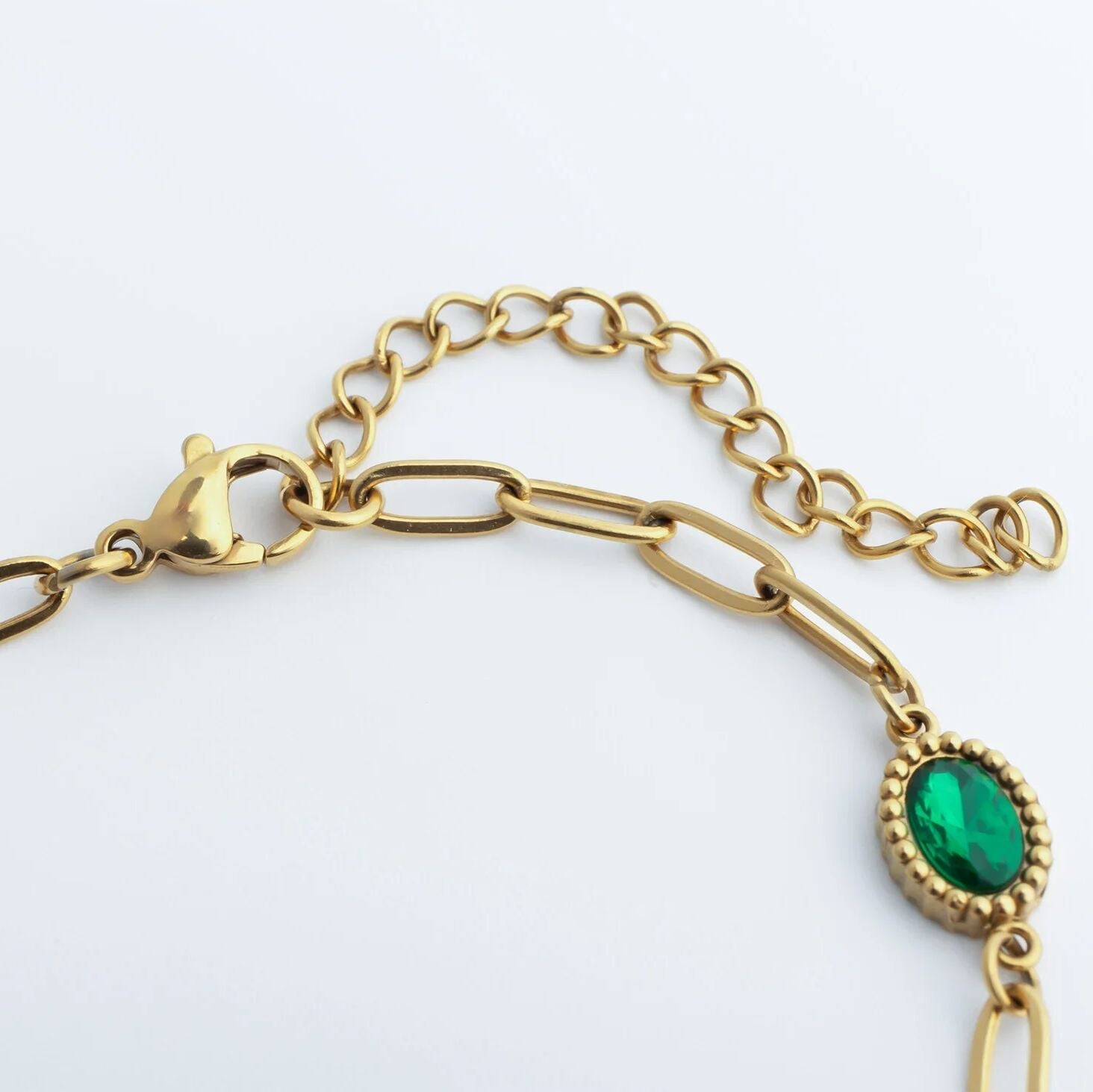 18K Gold PVD Stainless Steel Paperclip Emerald Stone Station Bracelet