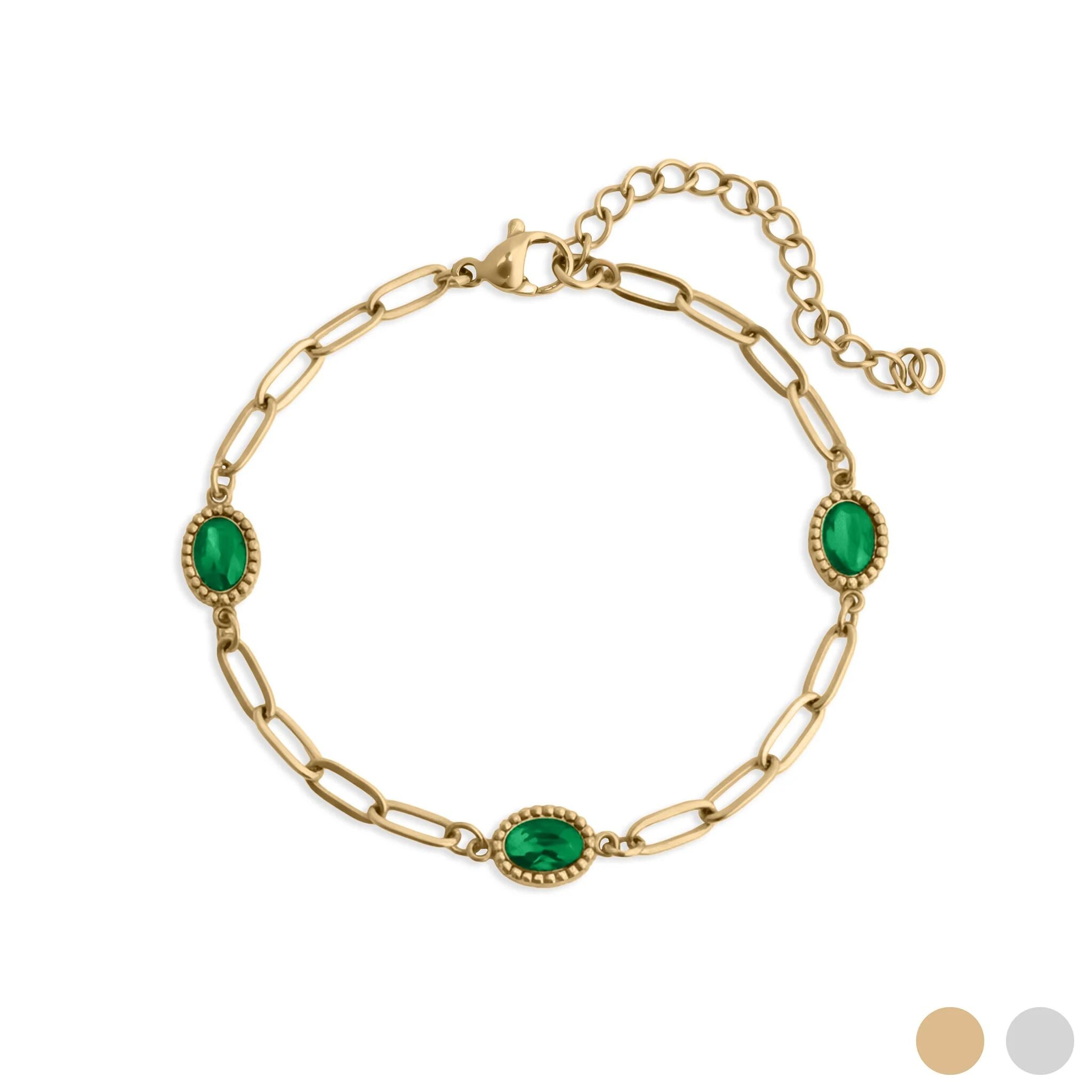 18K Gold PVD Stainless Steel Paperclip Emerald Stone Station Bracelet