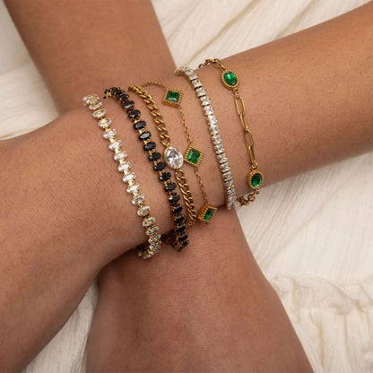18K Gold PVD Stainless Steel Paperclip Emerald Stone Station Bracelet