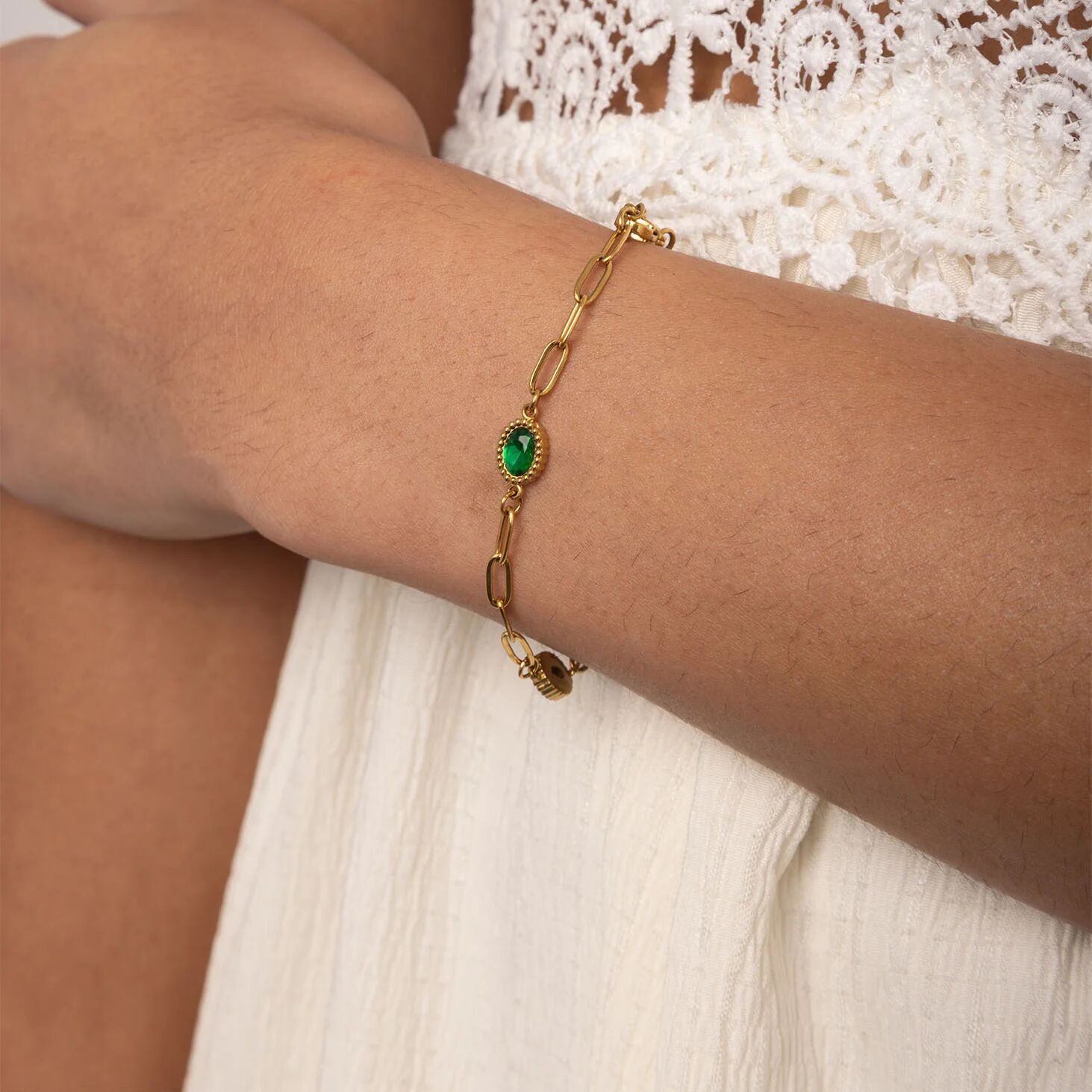 18K Gold PVD Stainless Steel Paperclip Emerald Stone Station Bracelet