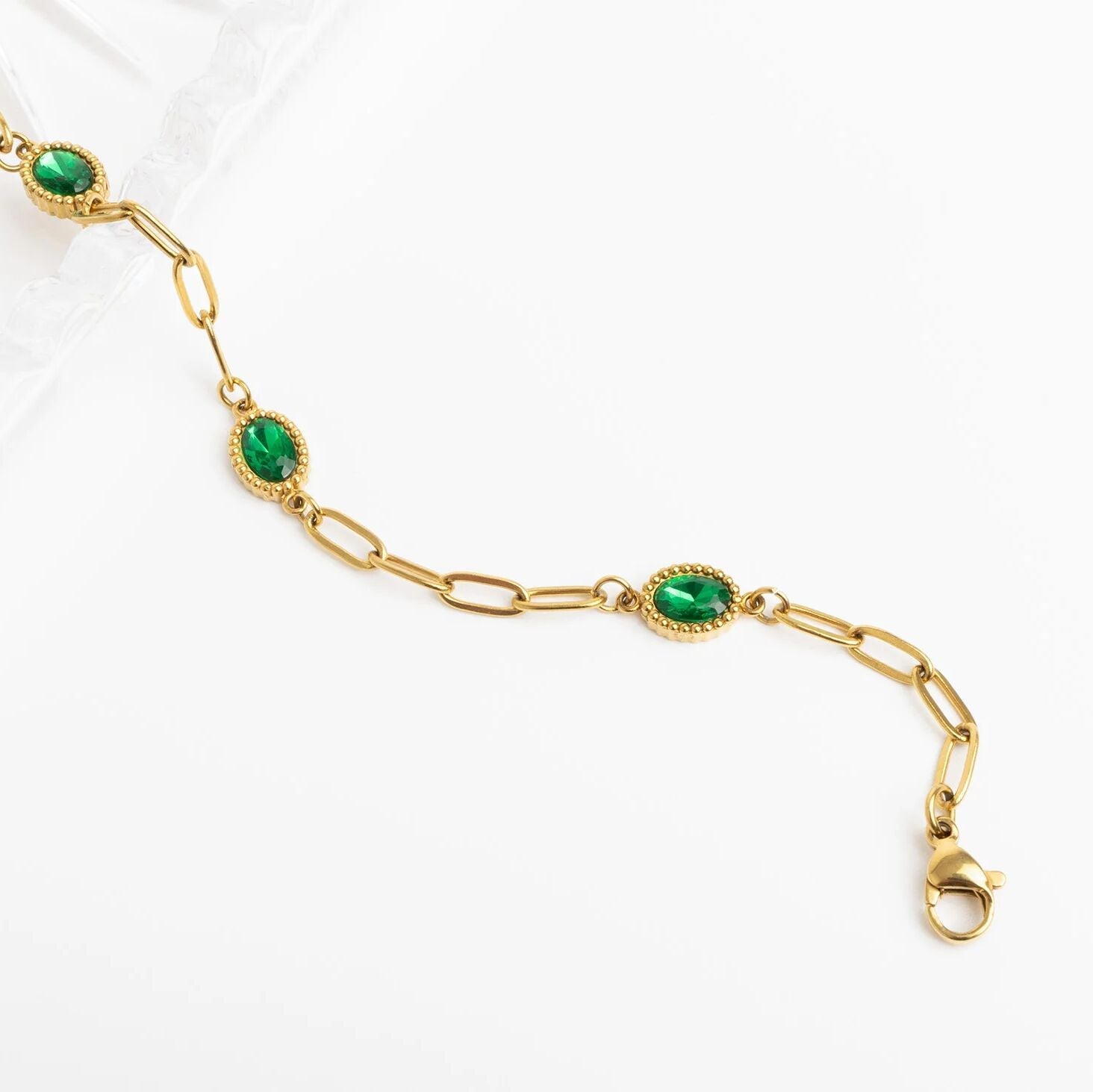 18K Gold PVD Stainless Steel Paperclip Emerald Stone Station Bracelet