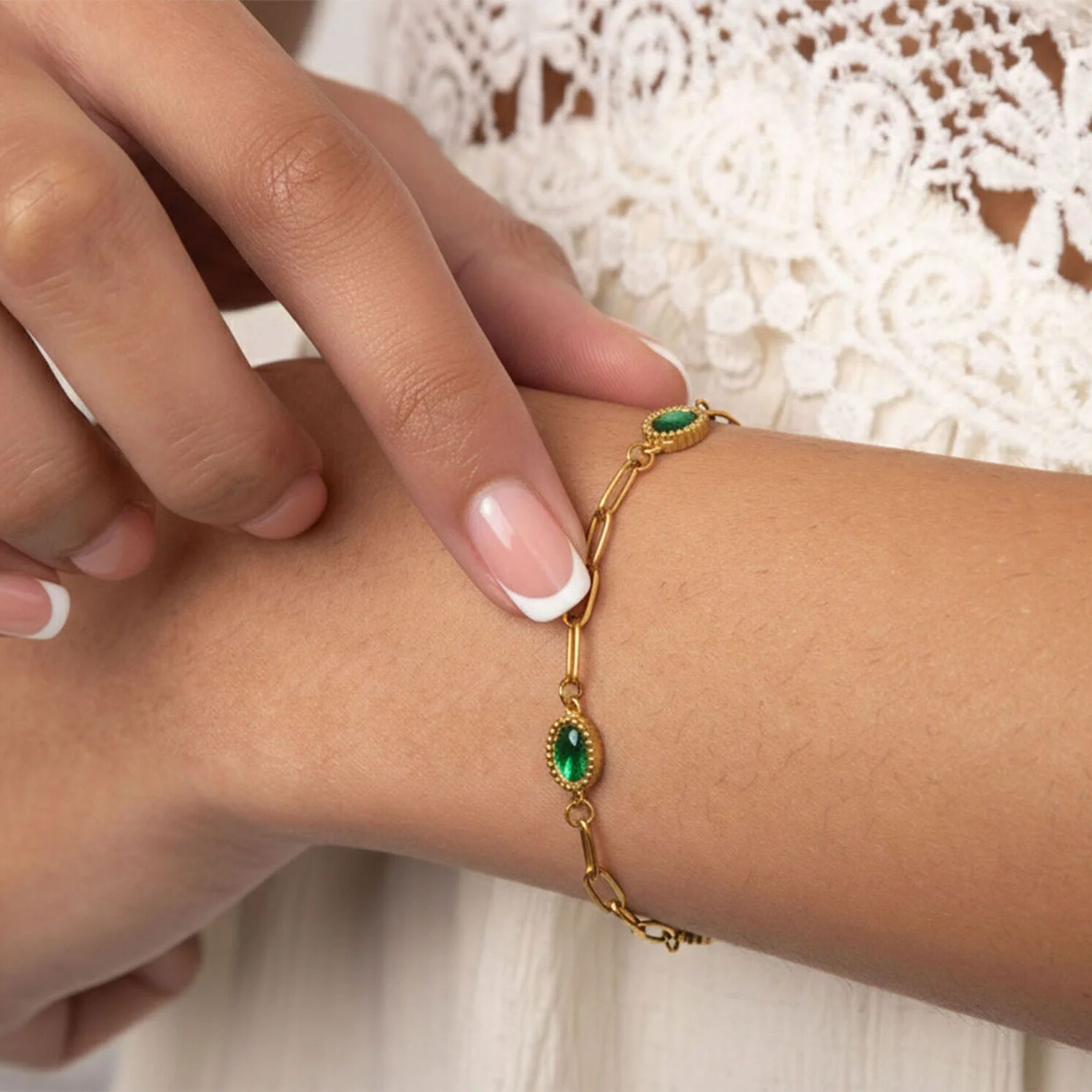 18K Gold PVD Stainless Steel Paperclip Emerald Stone Station Bracelet