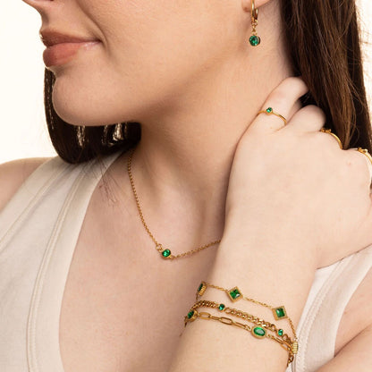 18K Gold PVD Stainless Steel Paperclip Emerald Stone Station Bracelet