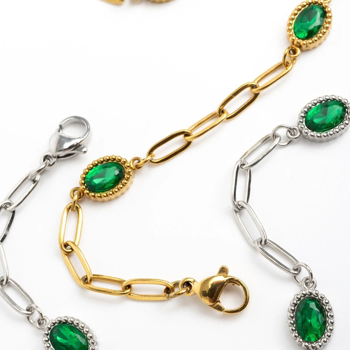 18K Gold PVD Stainless Steel Paperclip Emerald Stone Station Bracelet