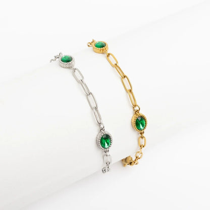 18K Gold PVD Stainless Steel Paperclip Emerald Stone Station Bracelet