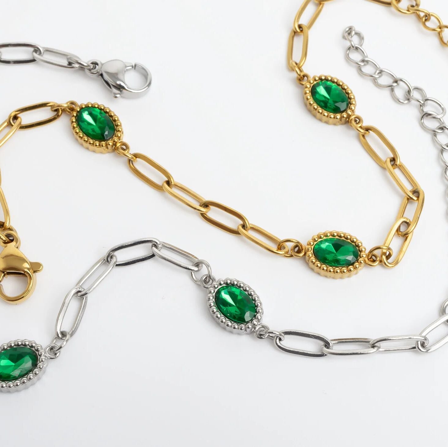 18K Gold PVD Stainless Steel Paperclip Emerald Stone Station Bracelet