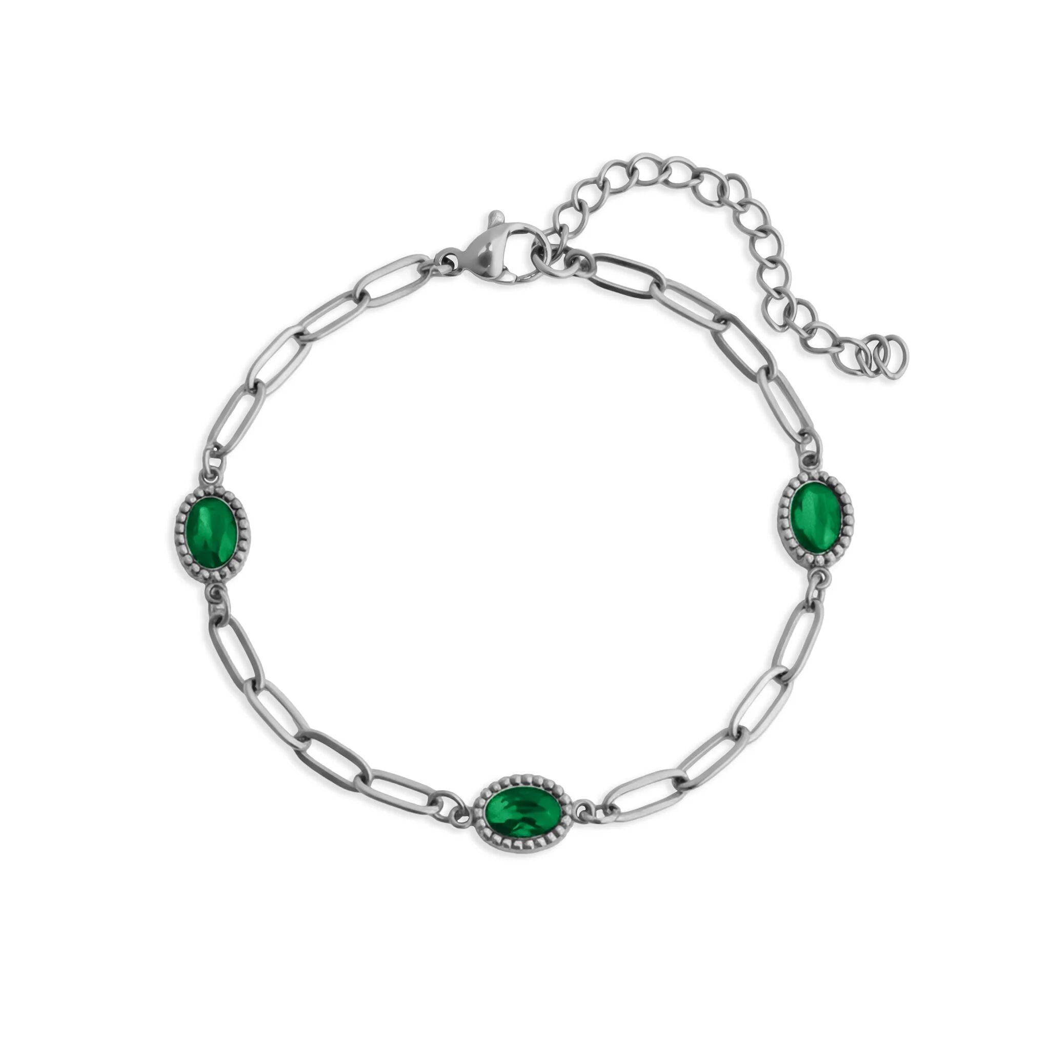 18K Gold PVD Stainless Steel Paperclip Emerald Stone Station Bracelet