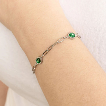 18K Gold PVD Stainless Steel Paperclip Emerald Stone Station Bracelet