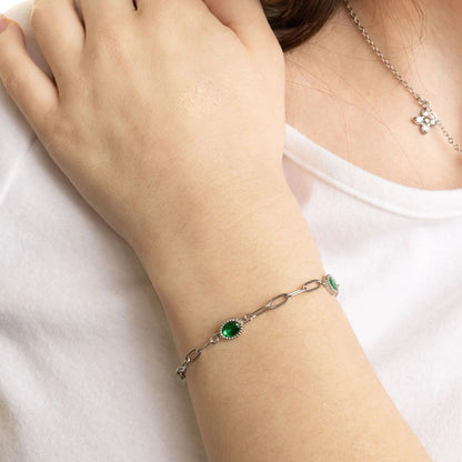 18K Gold PVD Stainless Steel Paperclip Emerald Stone Station Bracelet