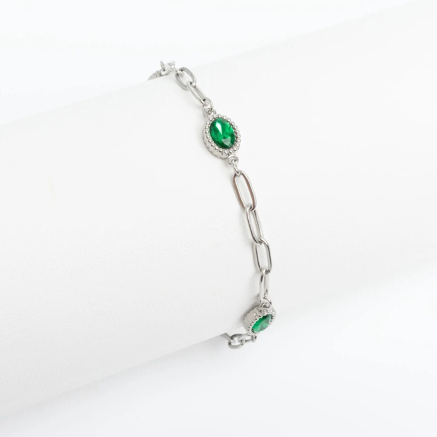 18K Gold PVD Stainless Steel Paperclip Emerald Stone Station Bracelet