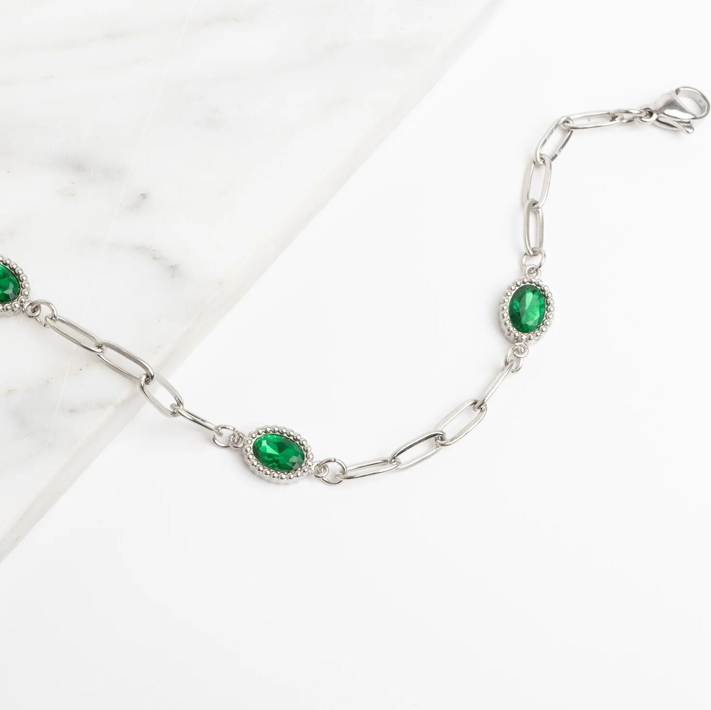 18K Gold PVD Stainless Steel Paperclip Emerald Stone Station Bracelet