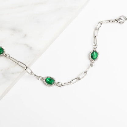 18K Gold PVD Stainless Steel Paperclip Emerald Stone Station Bracelet