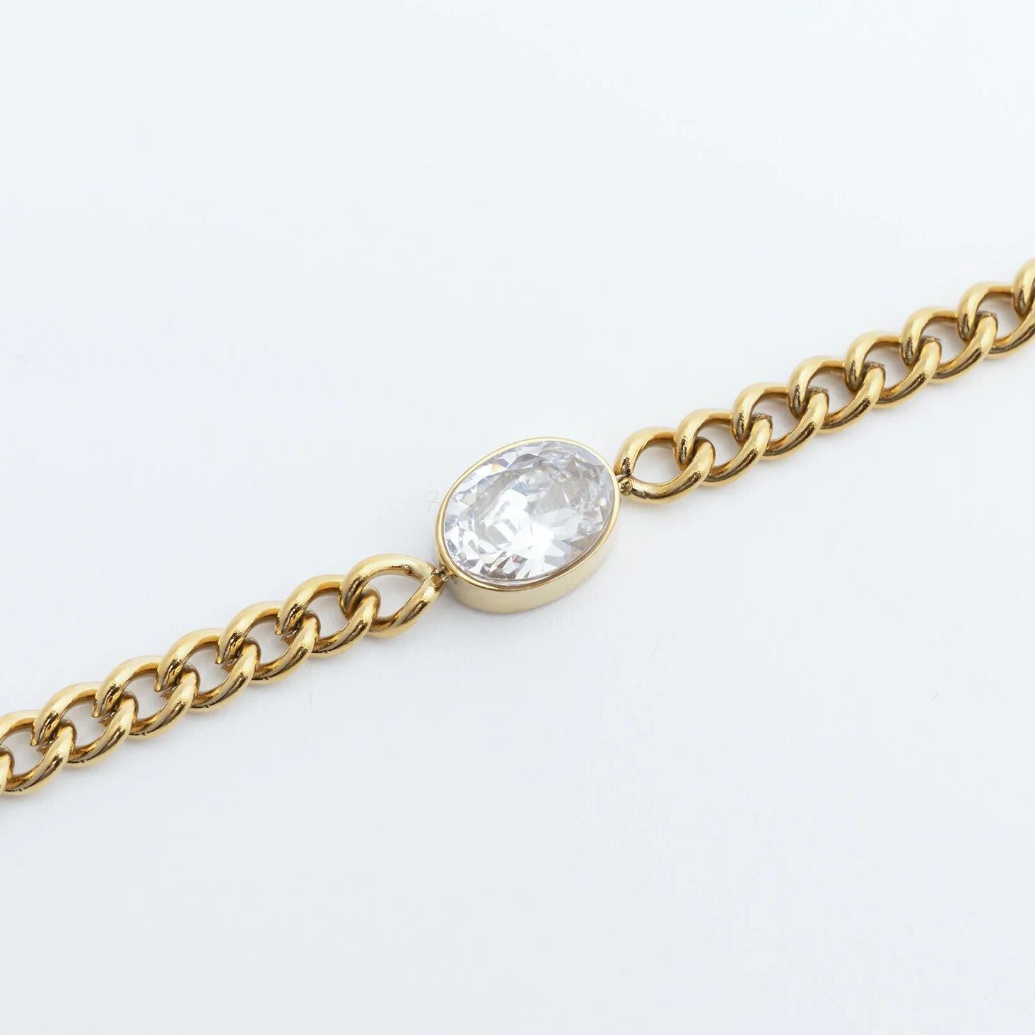 18K Gold PVD Stainless Steel Oval CZ Stone Curb Chain Bracelet