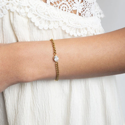 18K Gold PVD Stainless Steel Oval CZ Stone Curb Chain Bracelet