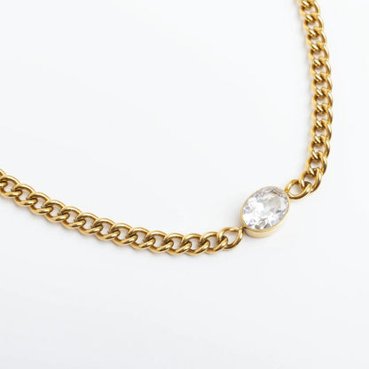 18K Gold PVD Stainless Steel Oval CZ Stone Curb Chain Bracelet