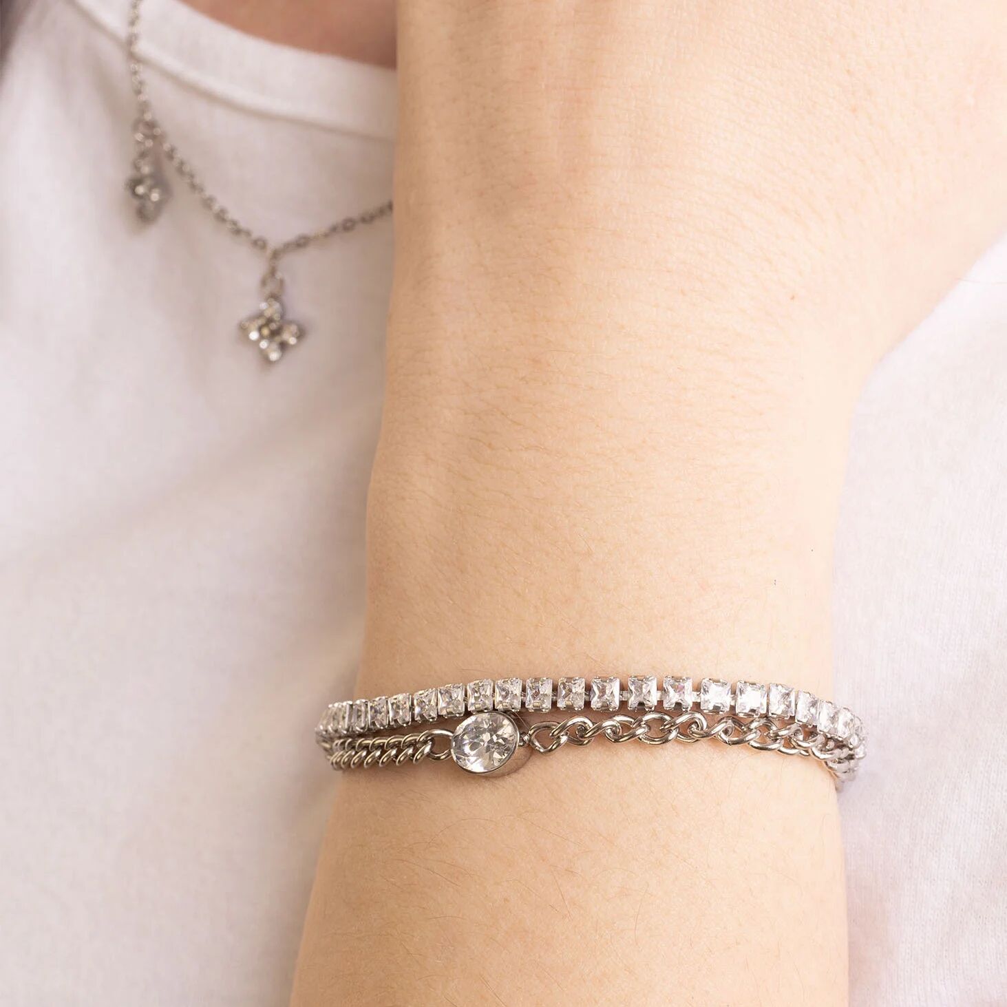 18K Gold PVD Stainless Steel Emerald Cut CZ Stone Tennis Chain Bracelet