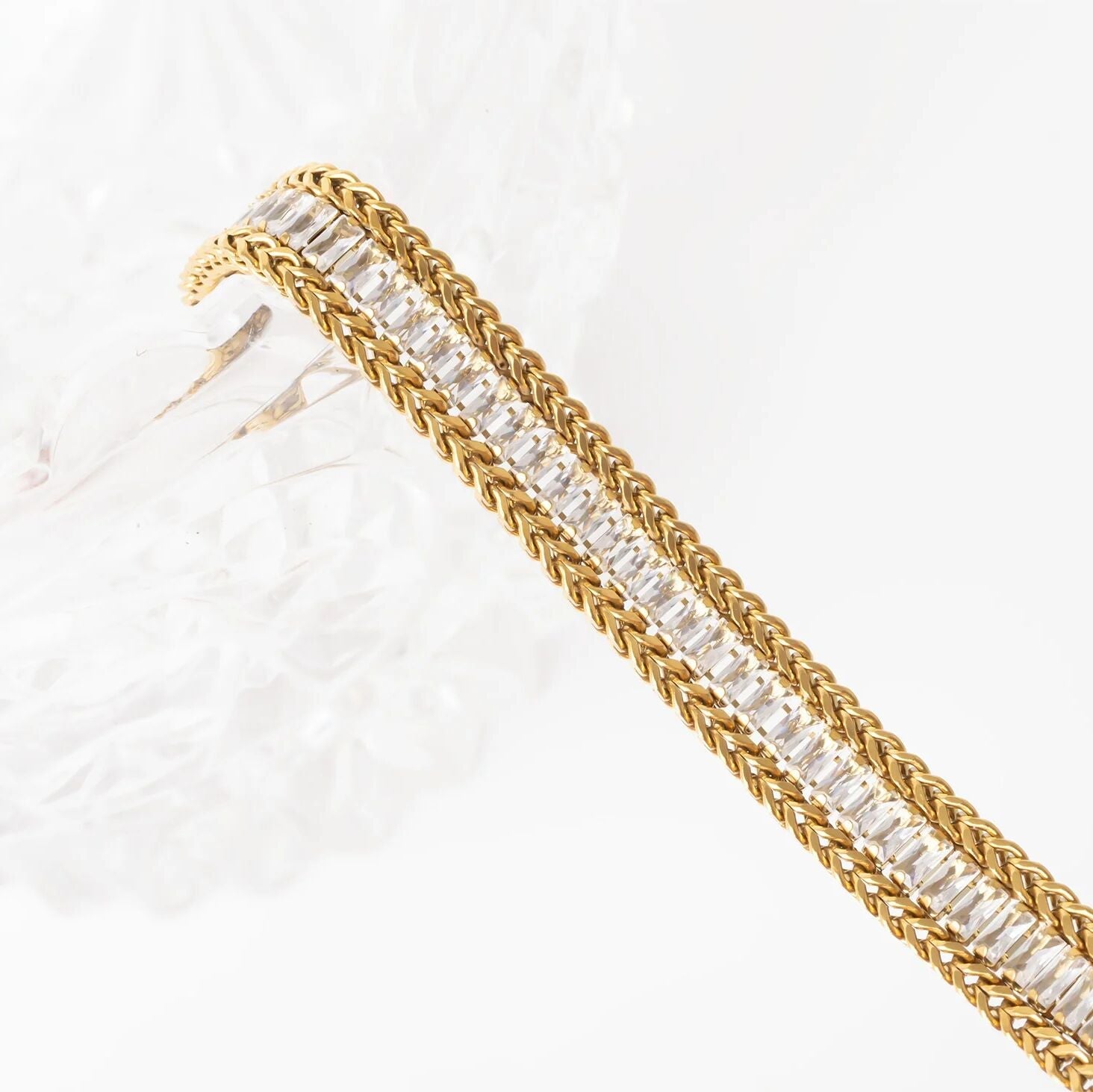 18K Gold PVD Stainless Steel Snake Square CZ Stone Tennis Chain Bracelet