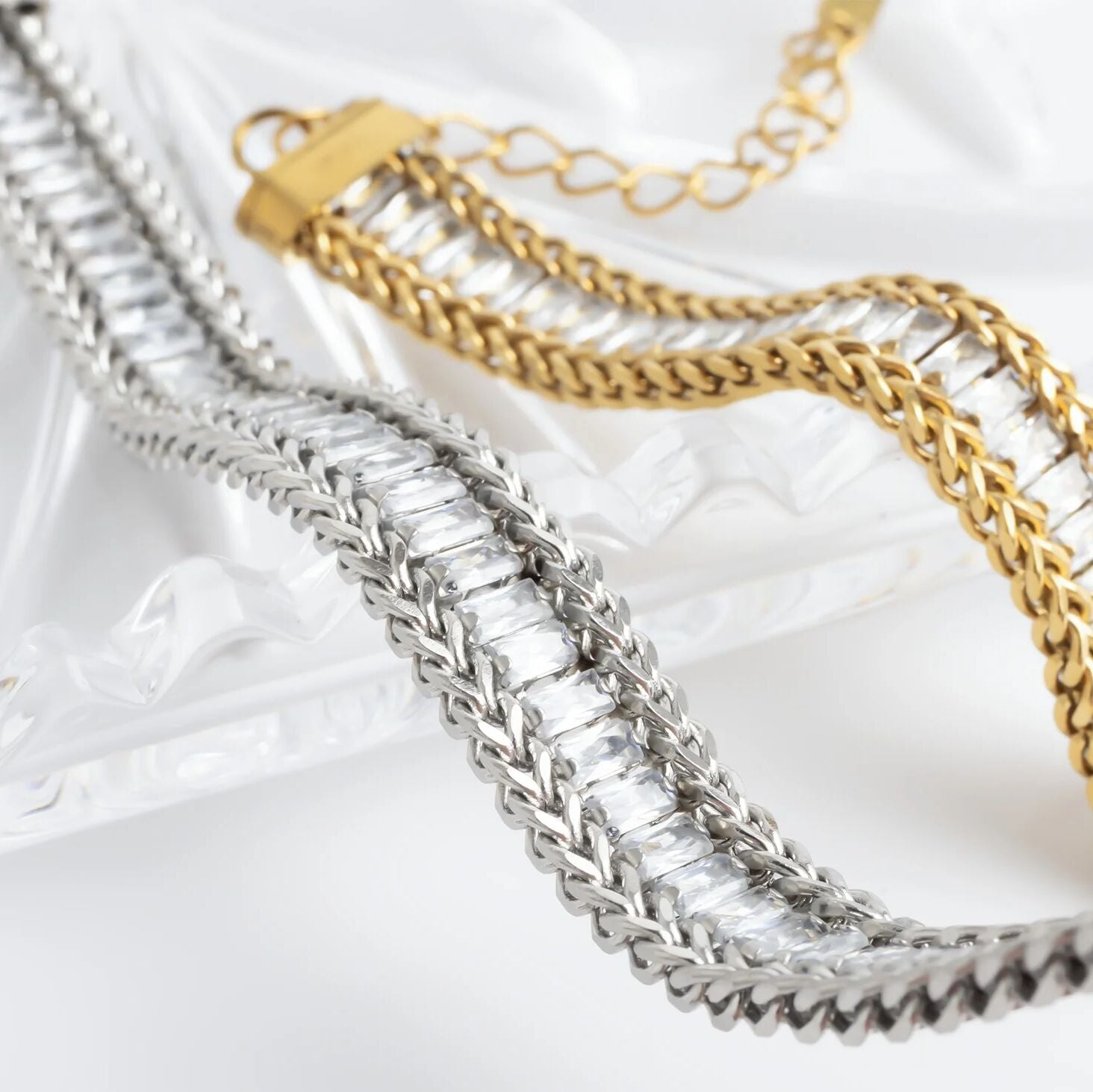 18K Gold PVD Stainless Steel Snake Square CZ Stone Tennis Chain Bracelet