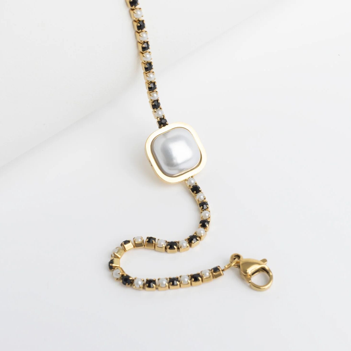 18K Gold PVD Stainless Steel Pearl Center Stone Two Tone Stone Bracelet