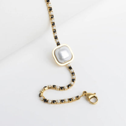 18K Gold PVD Stainless Steel Pearl Center Stone Two Tone Stone Bracelet