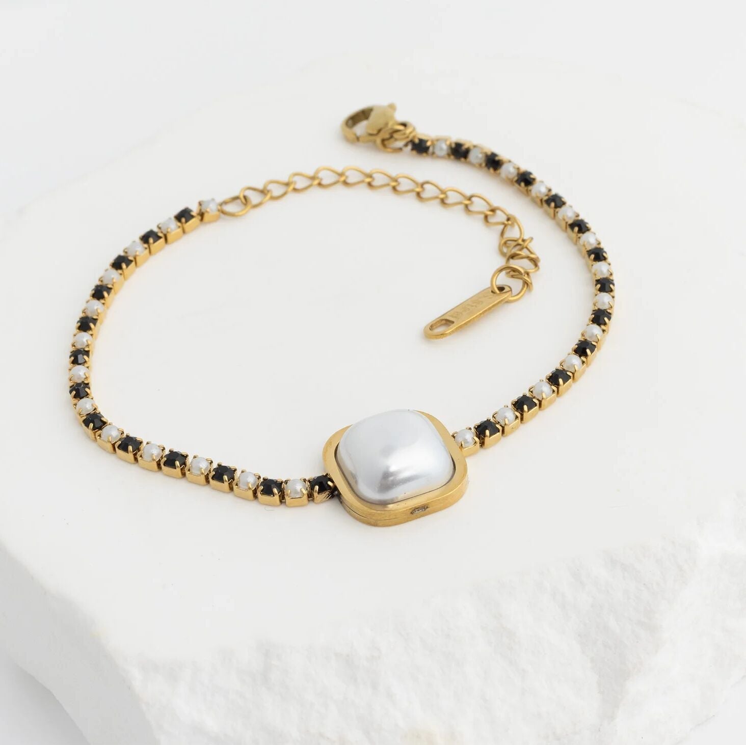 18K Gold PVD Stainless Steel Pearl Center Stone Two Tone Stone Bracelet