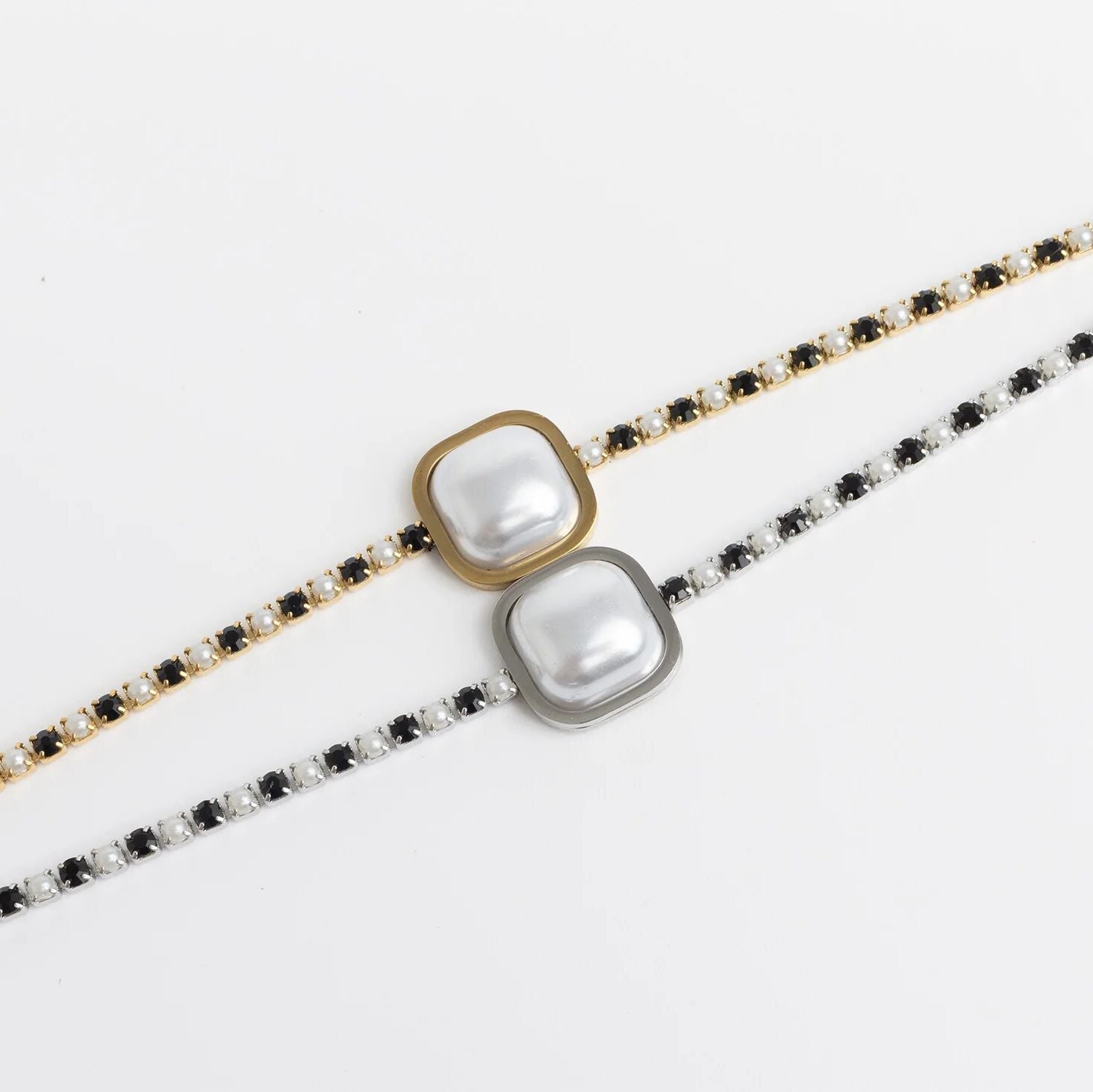 18K Gold PVD Stainless Steel Pearl Center Stone Two Tone Stone Bracelet