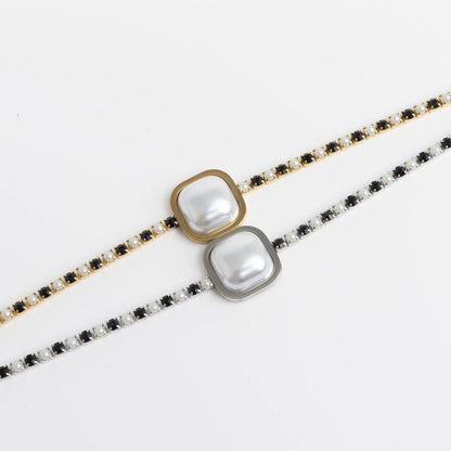 18K Gold PVD Stainless Steel Pearl Center Stone Two Tone Stone Bracelet