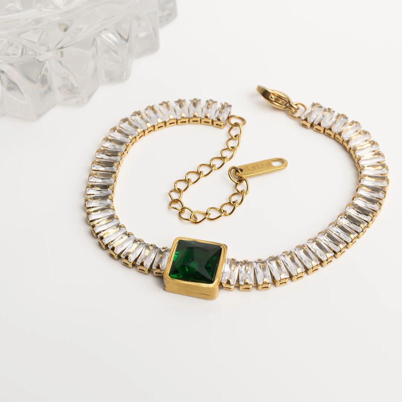 18K Gold PVD Stainless Steel Square Stone Emerald Tennis Chain Bracelet