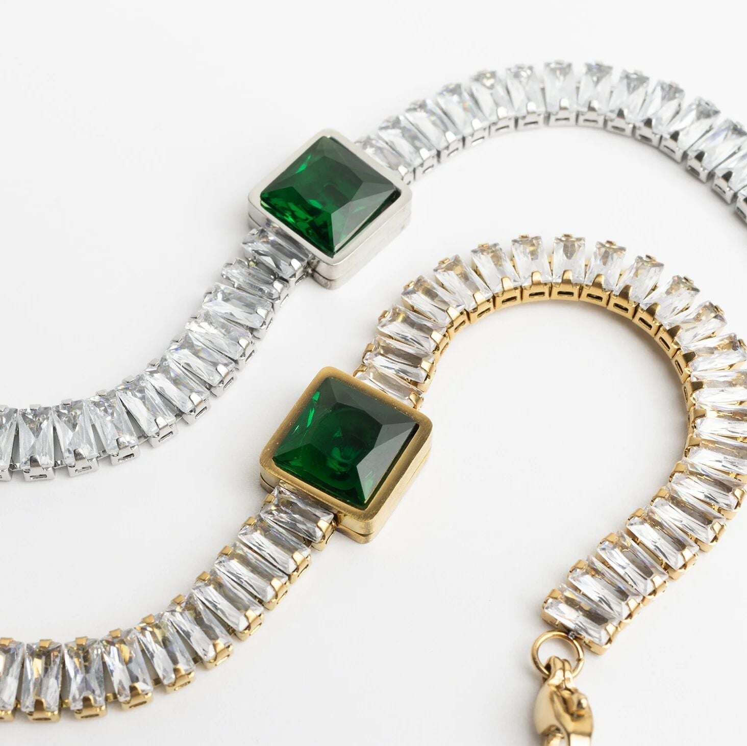 18K Gold PVD Stainless Steel Square Stone Emerald Tennis Chain Bracelet