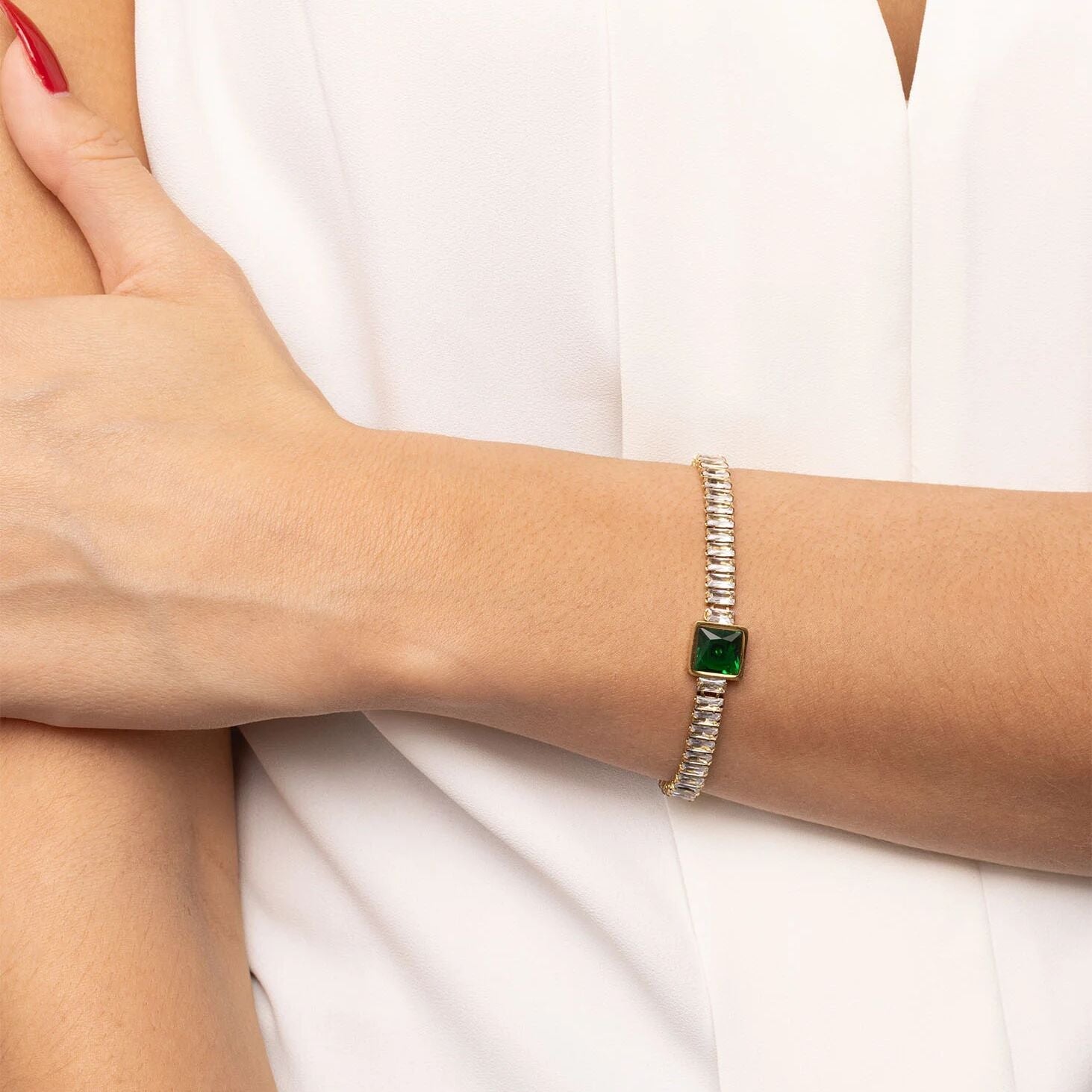 18K Gold PVD Stainless Steel Square Stone Emerald Tennis Chain Bracelet