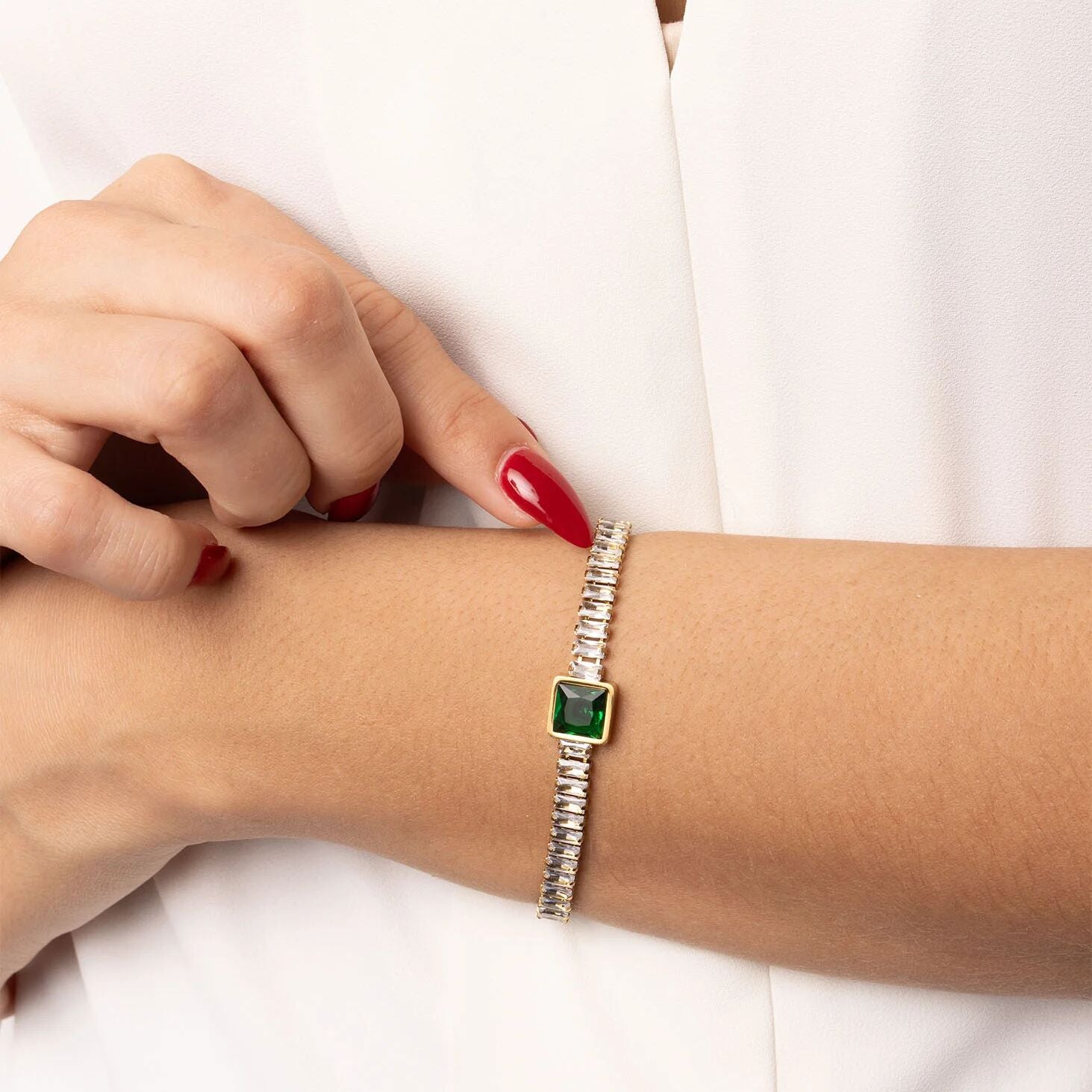 18K Gold PVD Stainless Steel Square Stone Emerald Tennis Chain Bracelet