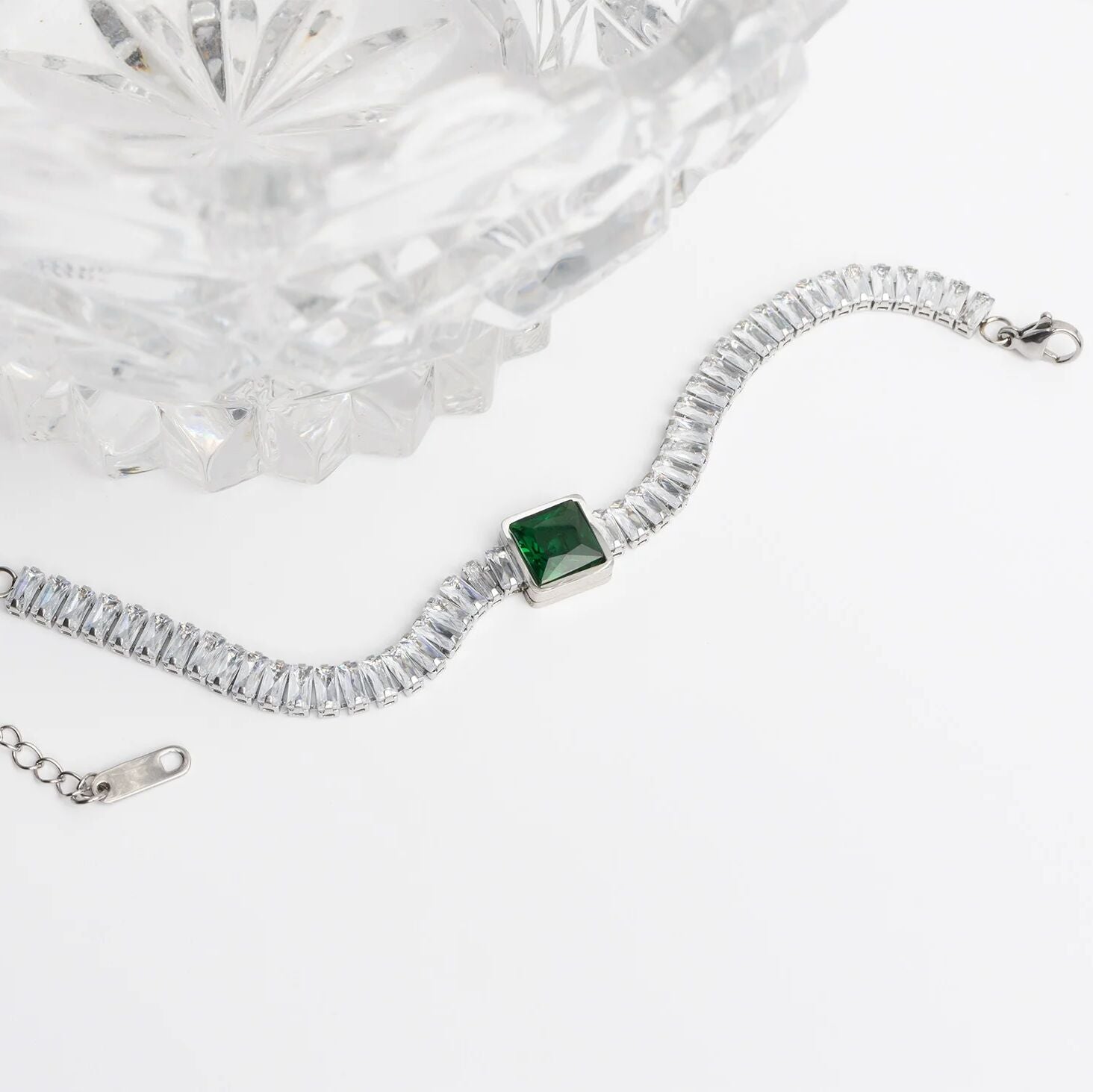 18K Gold PVD Stainless Steel Square Stone Emerald Tennis Chain Bracelet