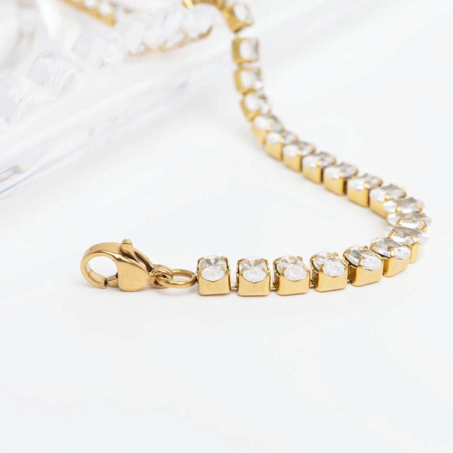 18K Gold PVD Stainless Steel Oval CZ Tennis Chain Bracelet