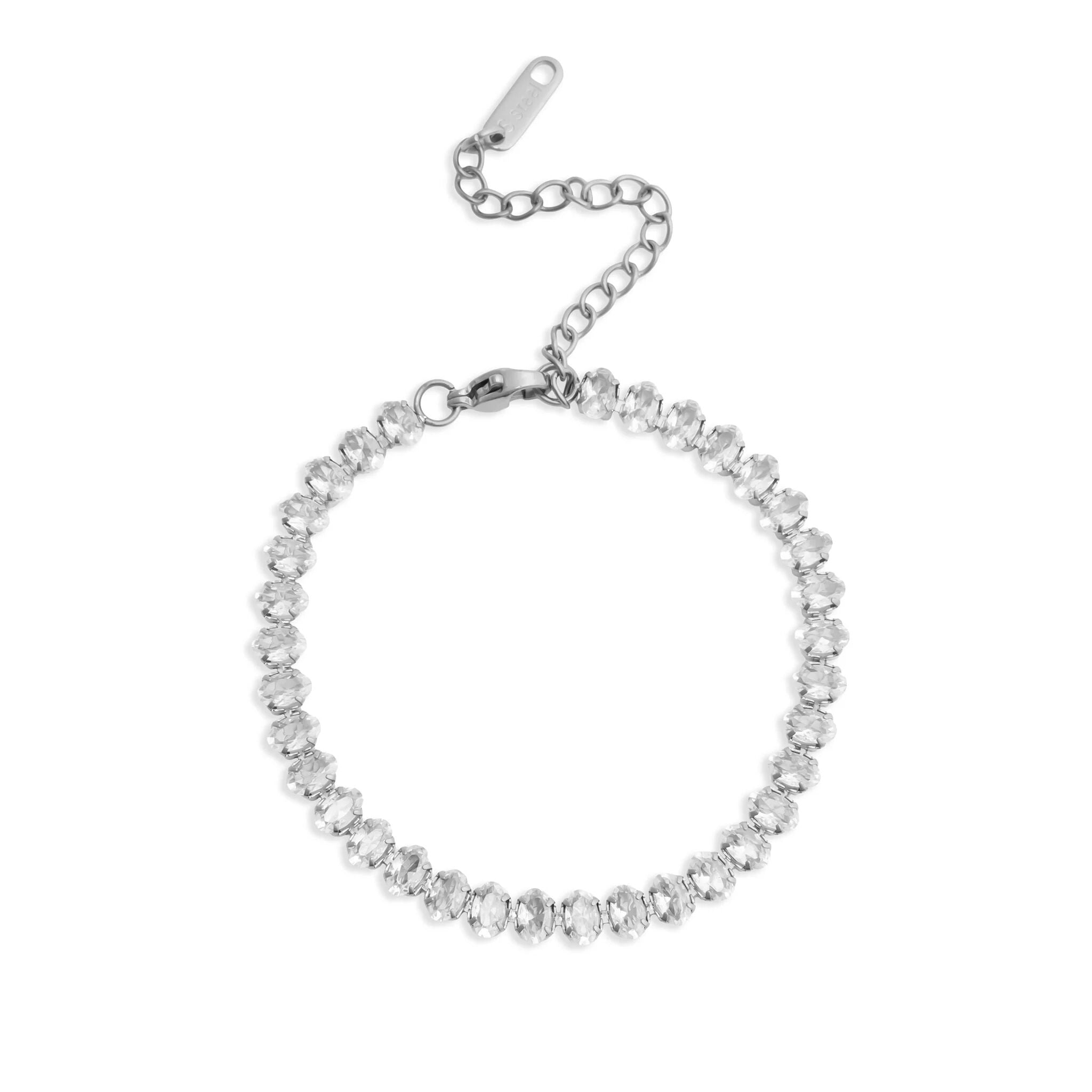 Silver bracelet with clear stones on a white background