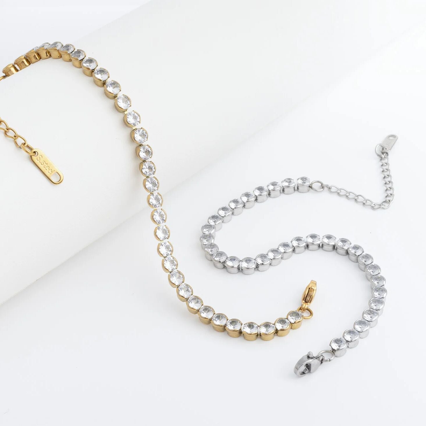 18K Gold PVD Stainless Steel CZ Round Stone Tennis Chain Bracelet