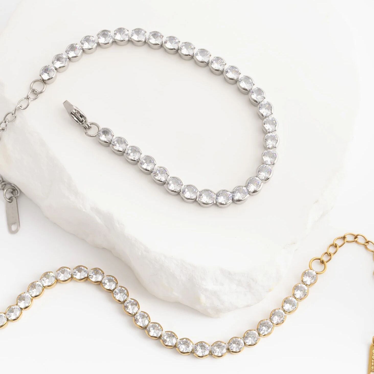 18K Gold PVD Stainless Steel CZ Round Stone Tennis Chain Bracelet