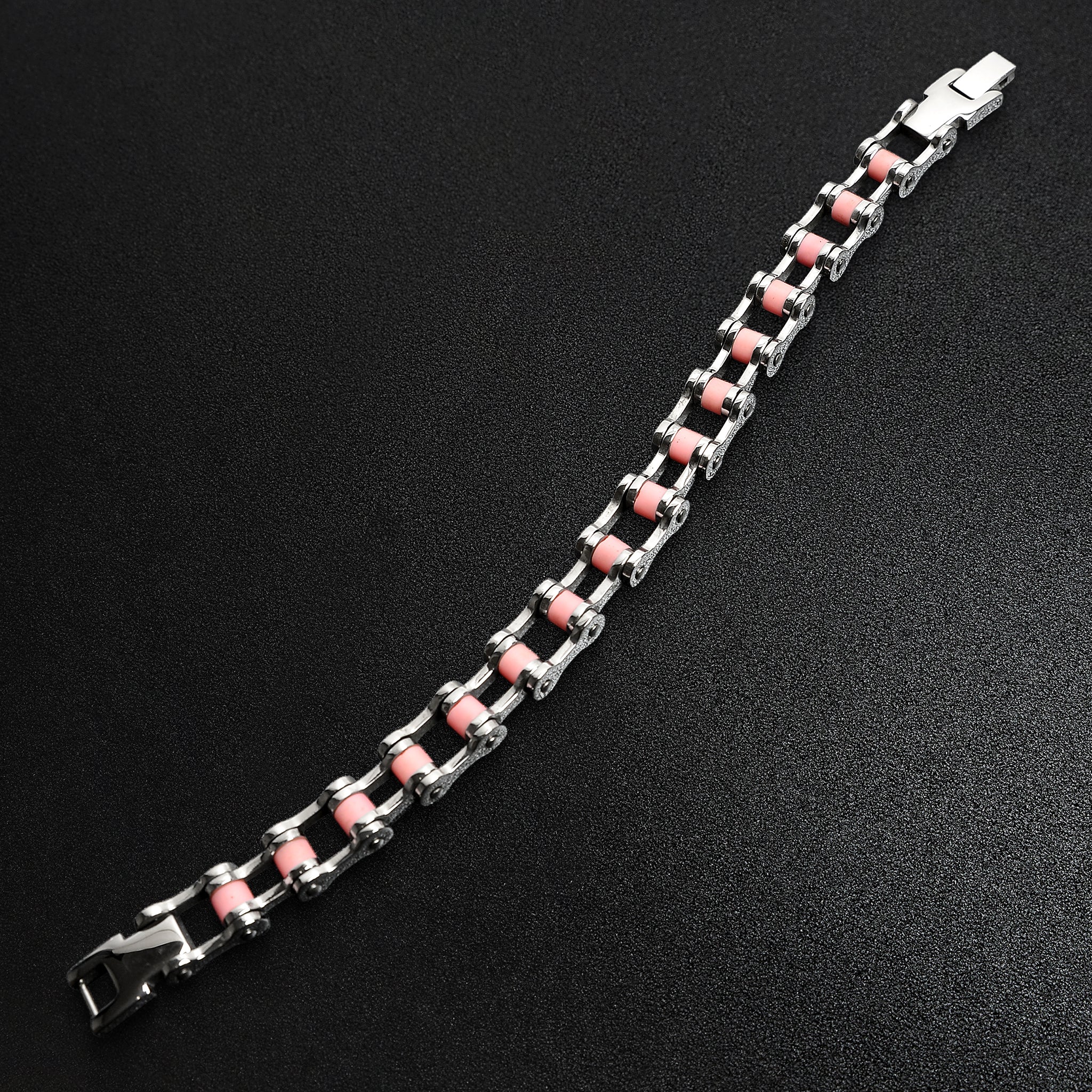 Stainless Steel And Pink Bike Chain Bracelet